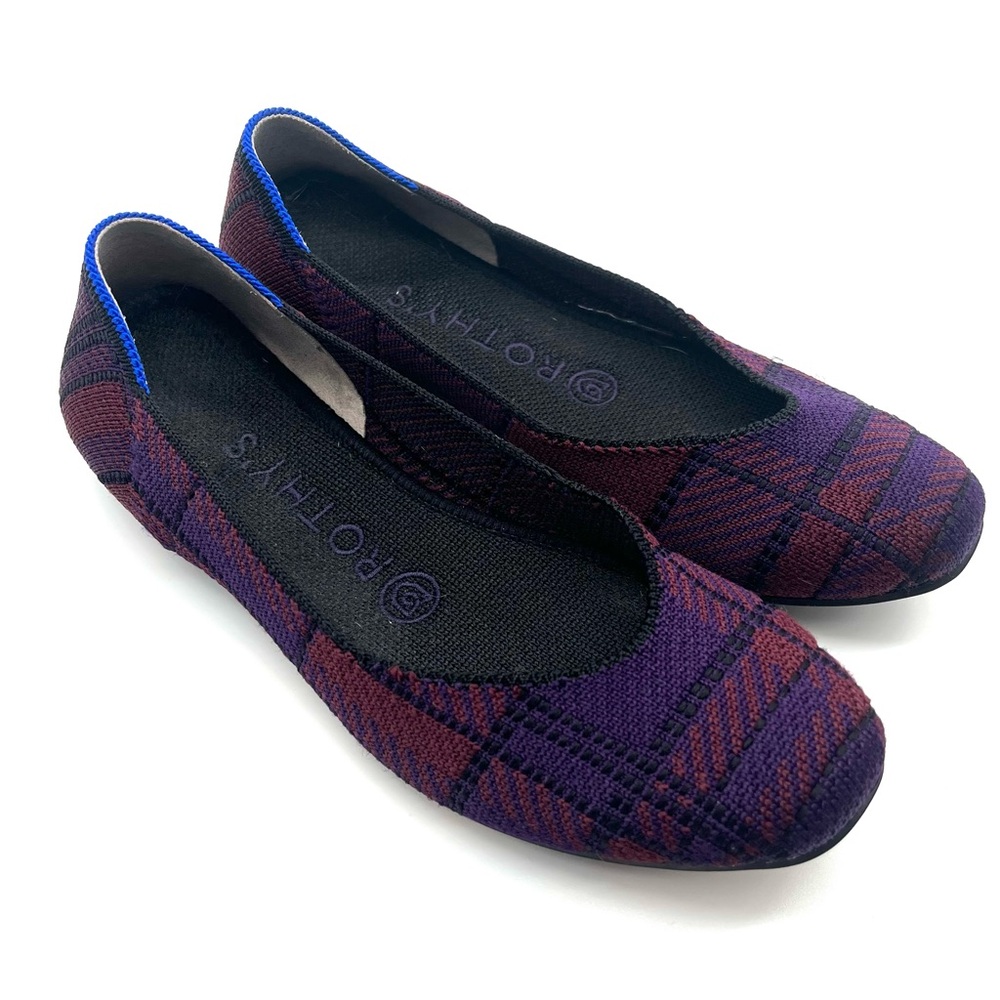 Rothy's Ballet Flat Shoes 6W Purple‎ Cranberry Plaid Knit Square Toe Slip On